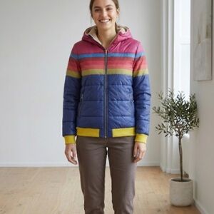Rainbow Colorblock Vintage Inspired Thin Puffer Jacket XL